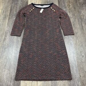 Talbots XS Navy Red Tweed Knit Dress Gold‎ Buttons Shoulder Shift Style Chic NWT